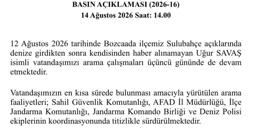 Çanakkale Valiliği: Bozcaada'da denizde kaybolan vatandaş için arama çalışmaları sürüyor