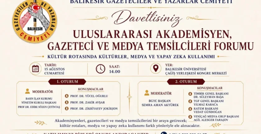 Balıkesir’de Uluslararası Akademisyen, Gazeteci ve Medya Temsilcileri Forumu düzenlenecek