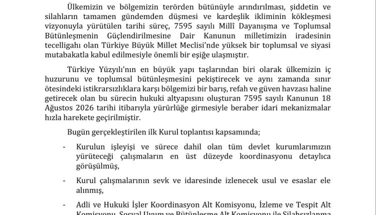 Milli Dayanışma ve Bütünleşme Koordinasyon Kurulu ilk toplantısını gerçekleştirdi