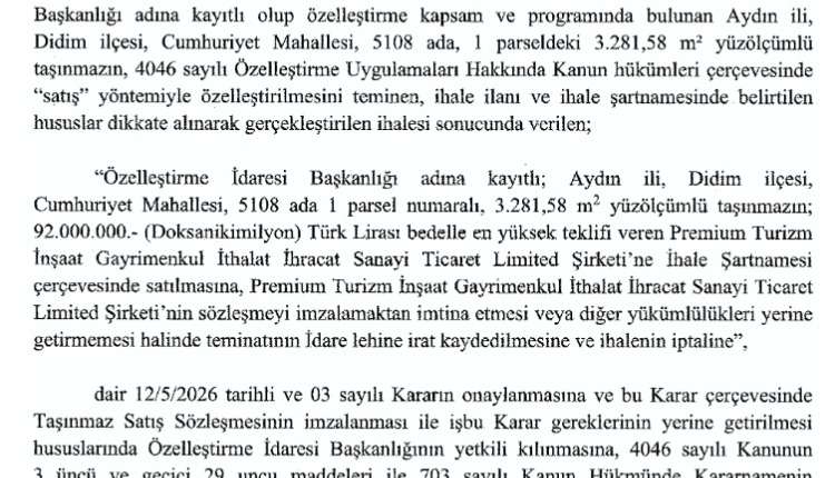 Aydın Didim’de iki taşınmaz için özelleştirme kararı