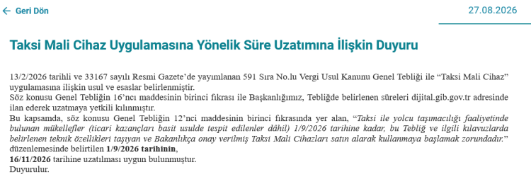 Taksi Mali Cihaz zorunluluğunda süre uzatıldı
